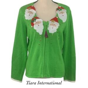 Vintage Tiara International Green Santa Zip Tassel Sequin Knit Cardigan Size M